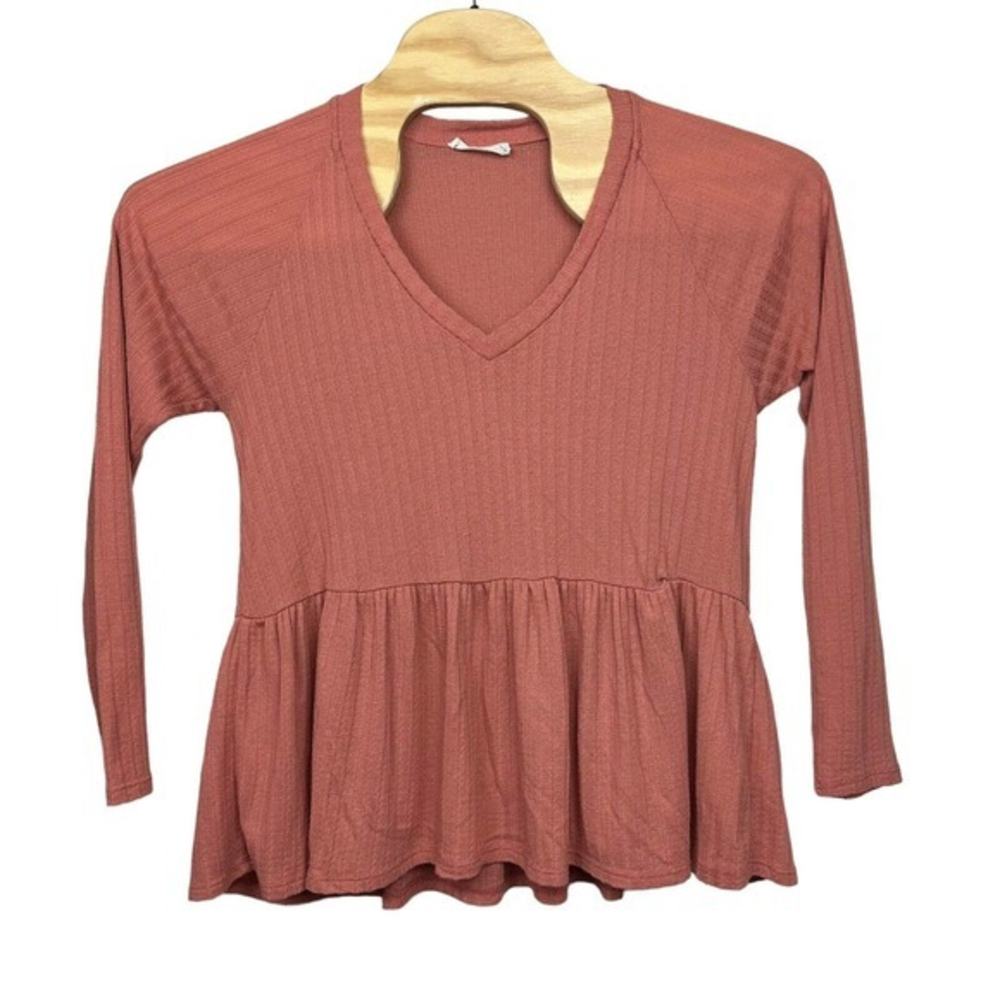 Lush Women's Pink Long Sleeve V-Neck Waffle Knit Top